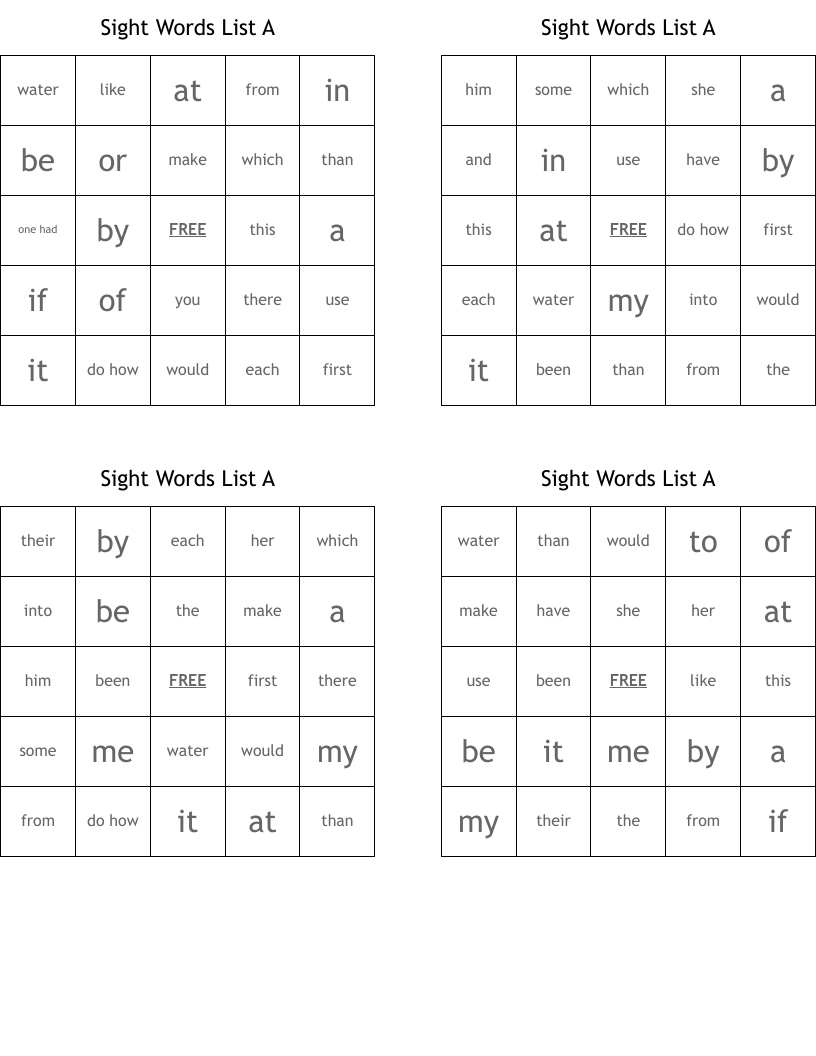 Sight Words List A  Bingo Cards