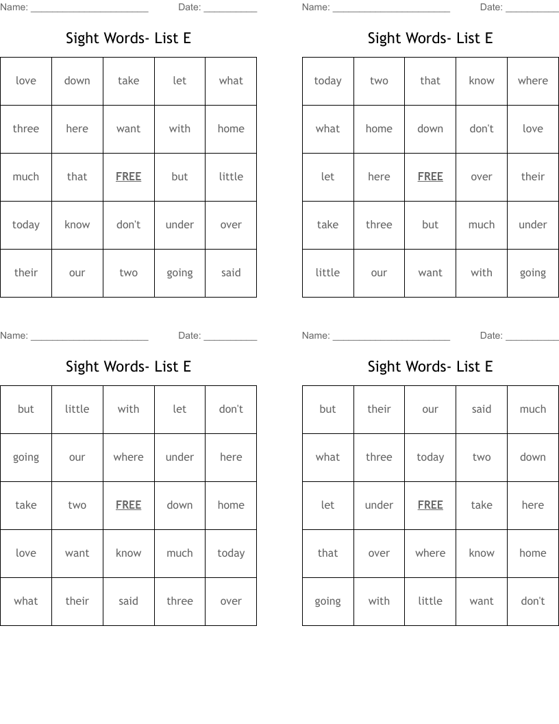 Sight Words- List E Bingo Cards