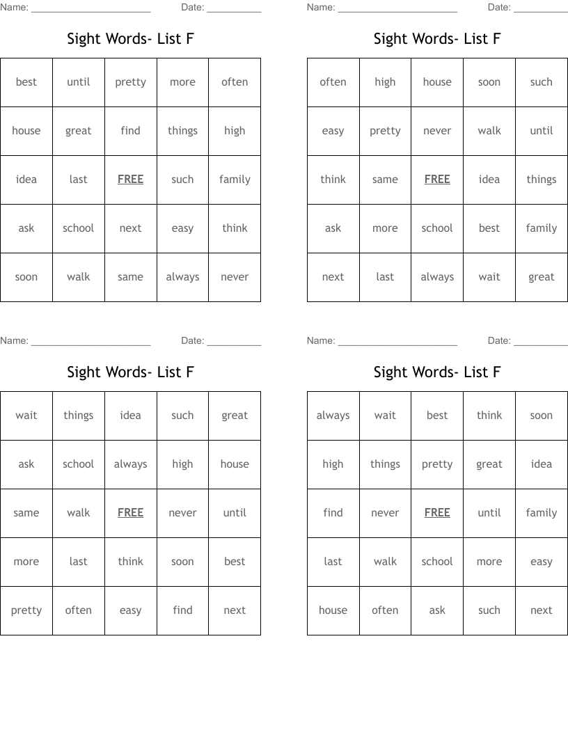 Sight Words- List F Bingo Cards