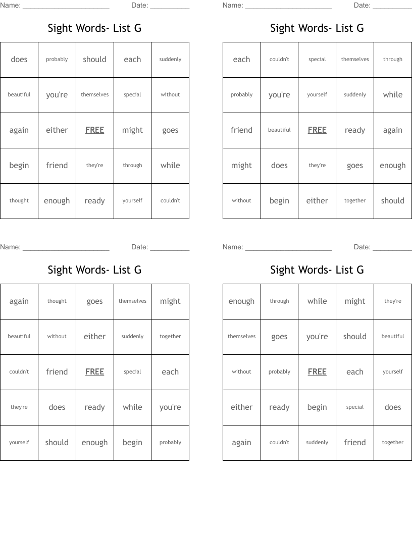 Sight Words- List G Bingo Cards