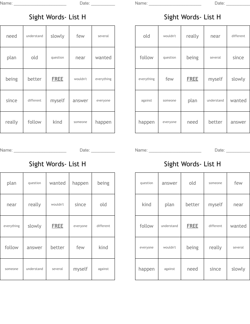 Sight Words- List H Bingo Cards