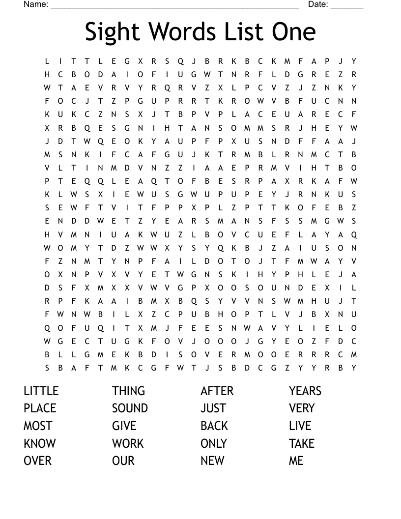 Sight Words List One Word Search