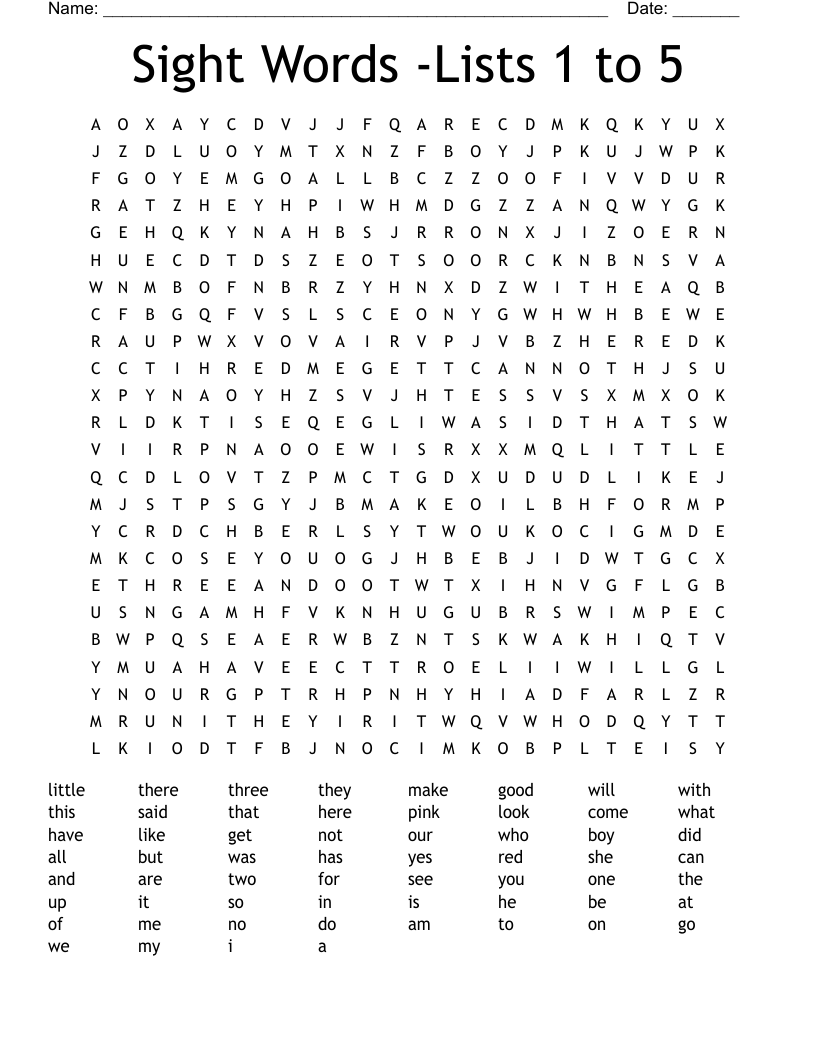 Sight Words -Lists 1 to 5 Word Search