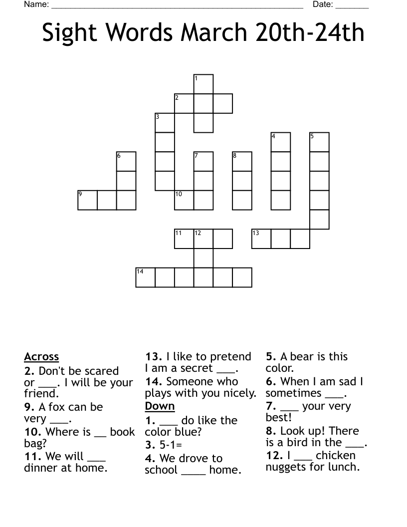 Sight Words March 20th-24th Crossword