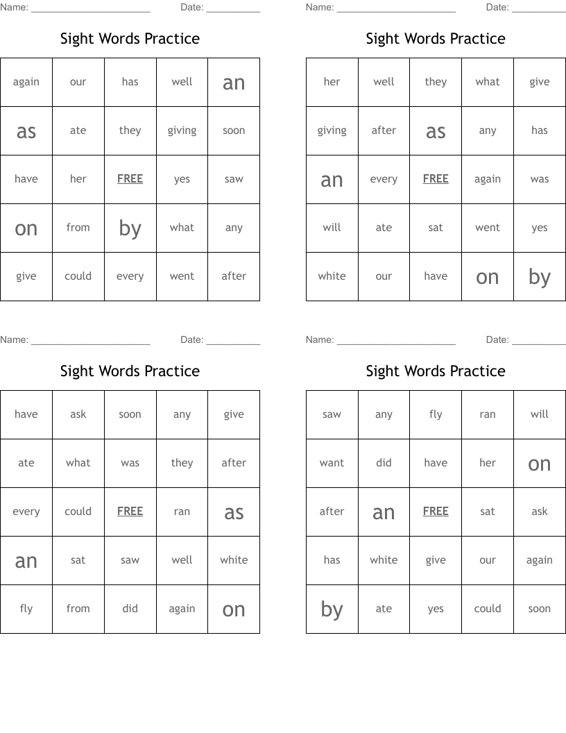 Sight Words Practice Bingo Cards