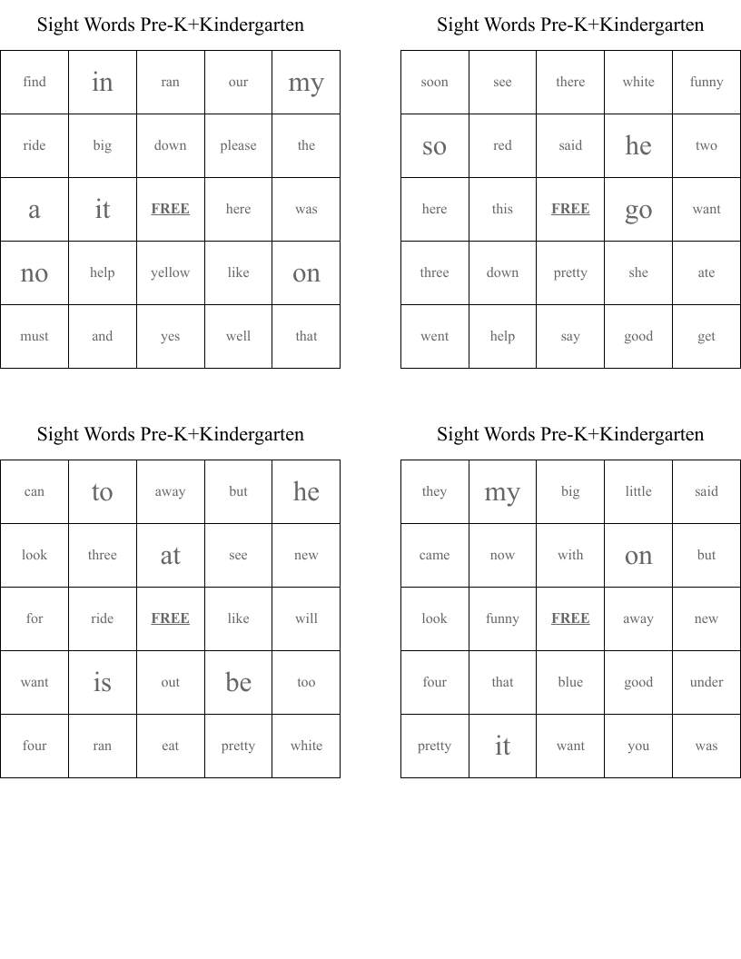 Sight Words Pre-K+Kindergarten  Bingo Cards