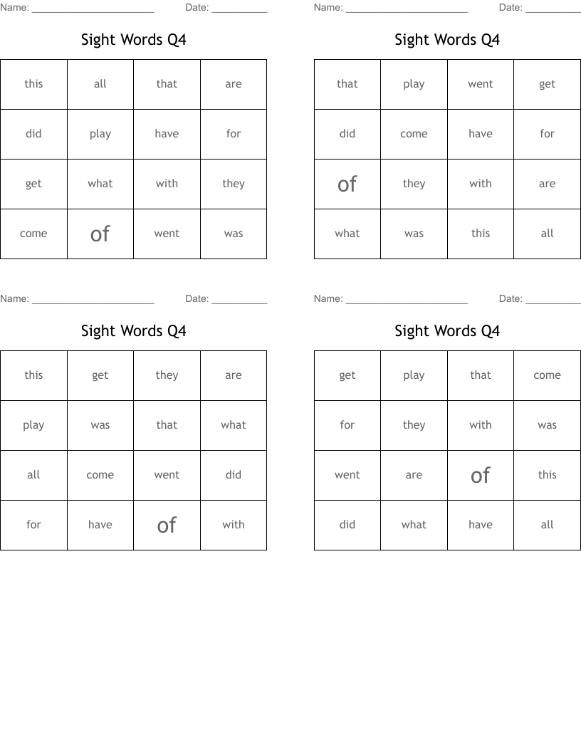 Sight Words Q4 Bingo Cards