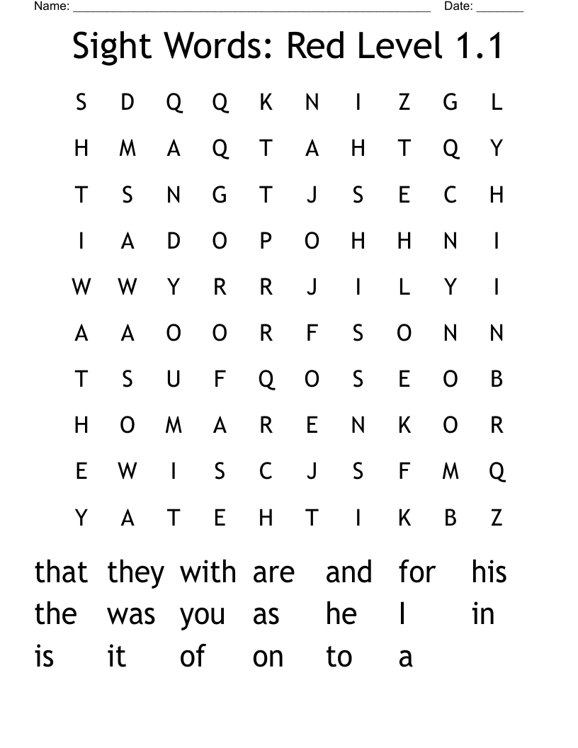 Sight Words: Red Level 1.1 Word Search