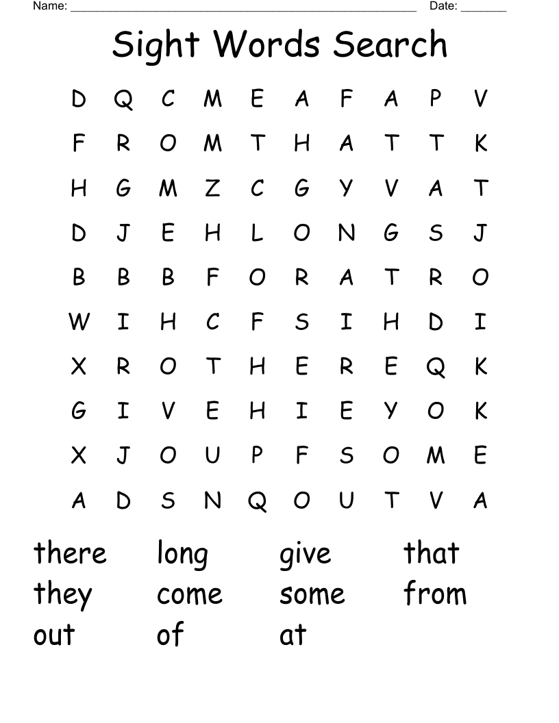 Sight Words Search Word Search