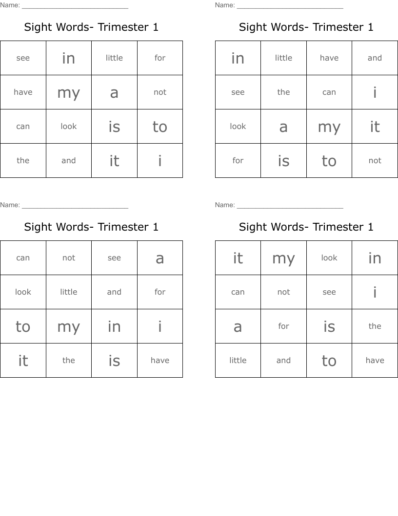 Sight Words- Trimester 1 Bingo Cards