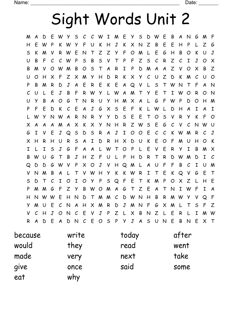 Sight Words Unit 2 Word Search