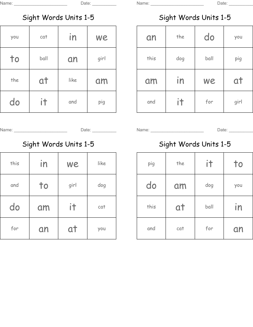 Sight Words Units 1-5 Bingo Cards