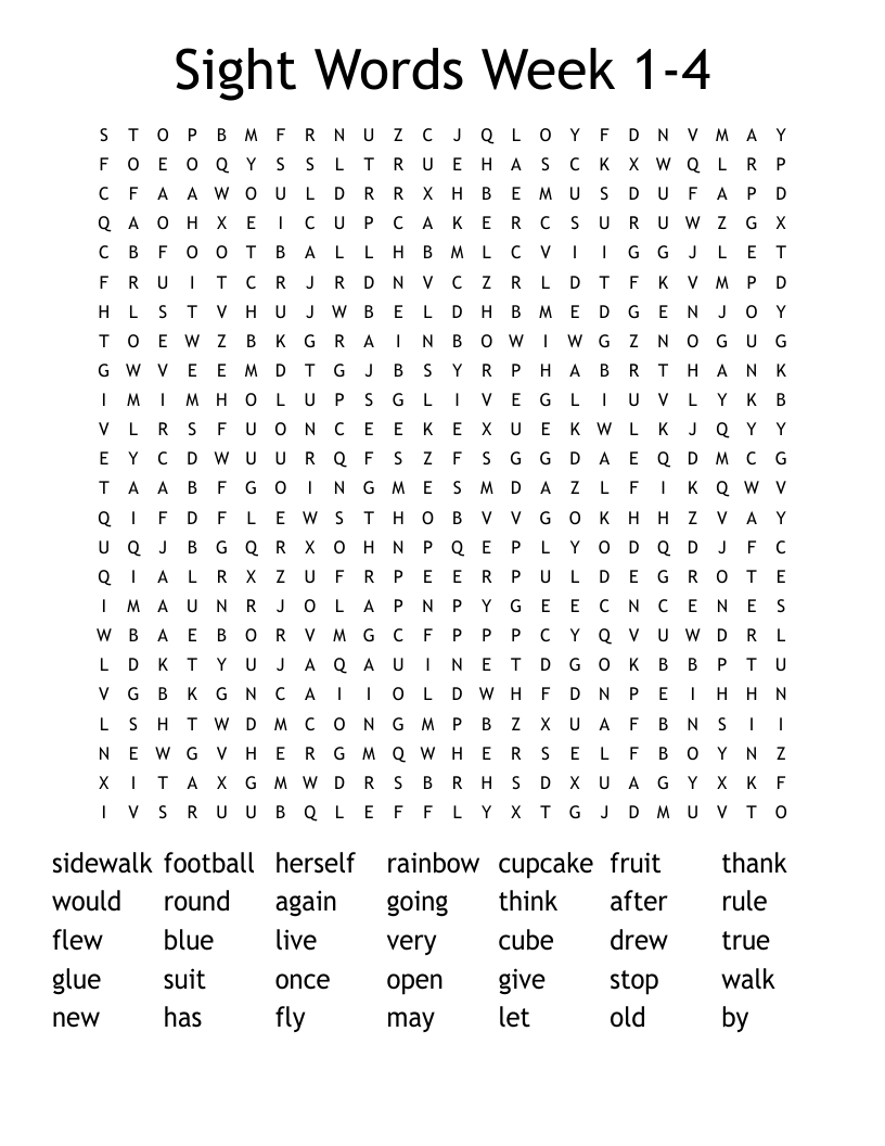 Sight Words Week 1-4 Word Search
