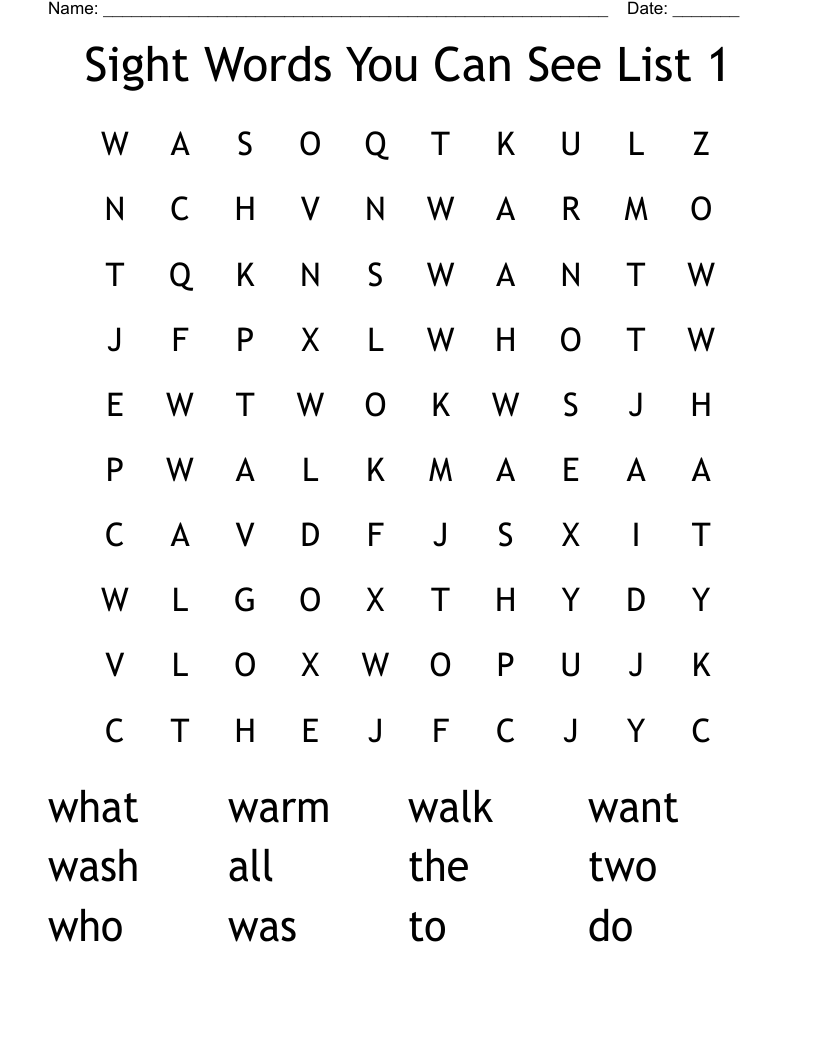 Sight Words You Can See List 1 Word Search