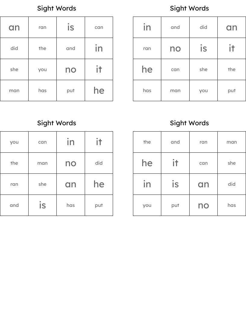 Sight Words  Bingo Cards