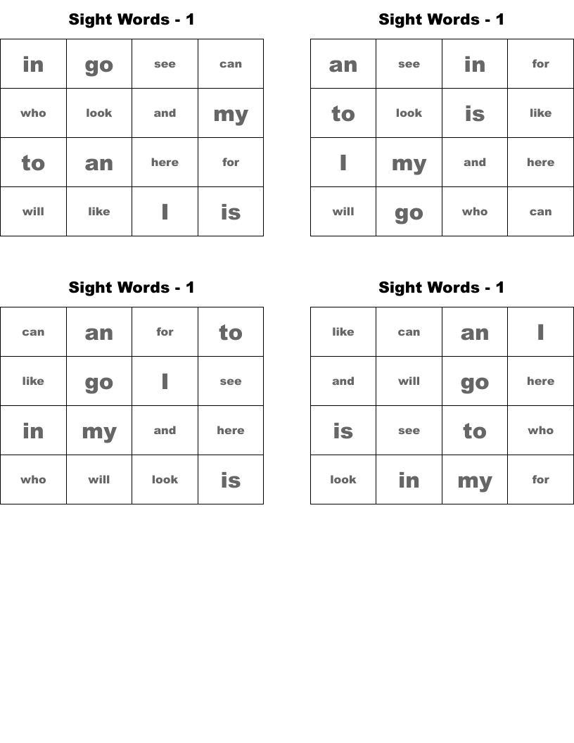 Sight Words - 1 Bingo Cards