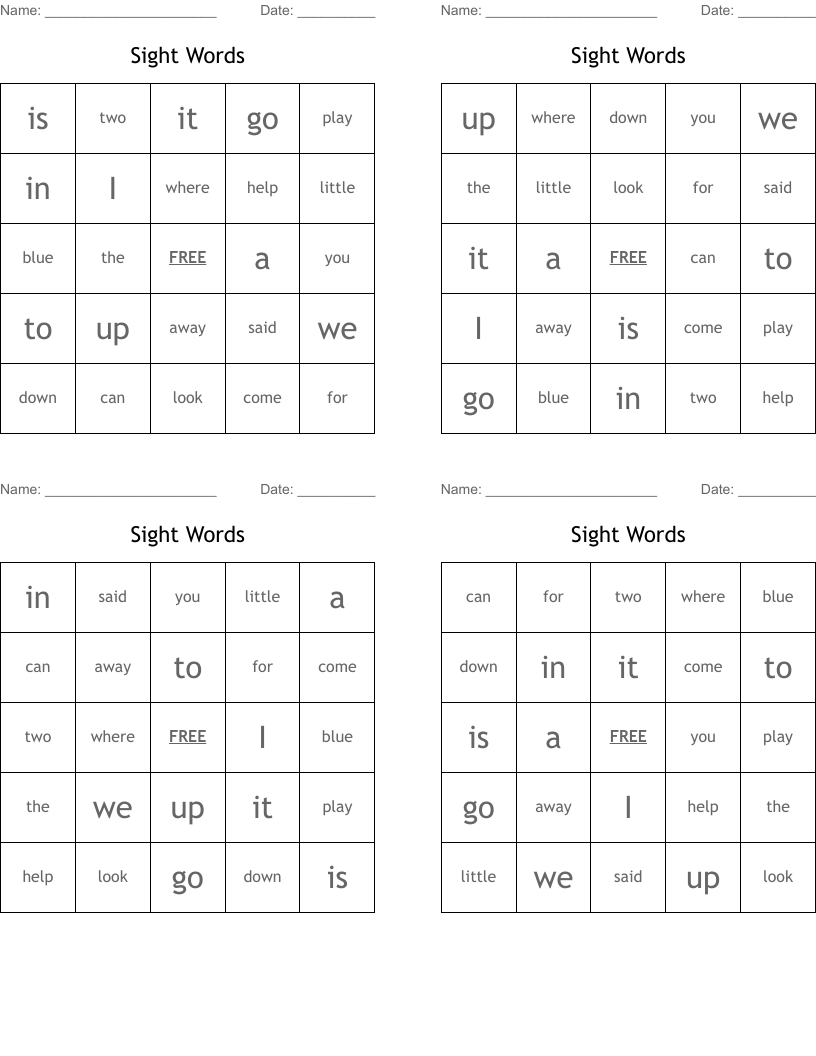 Sight Words  Bingo Cards