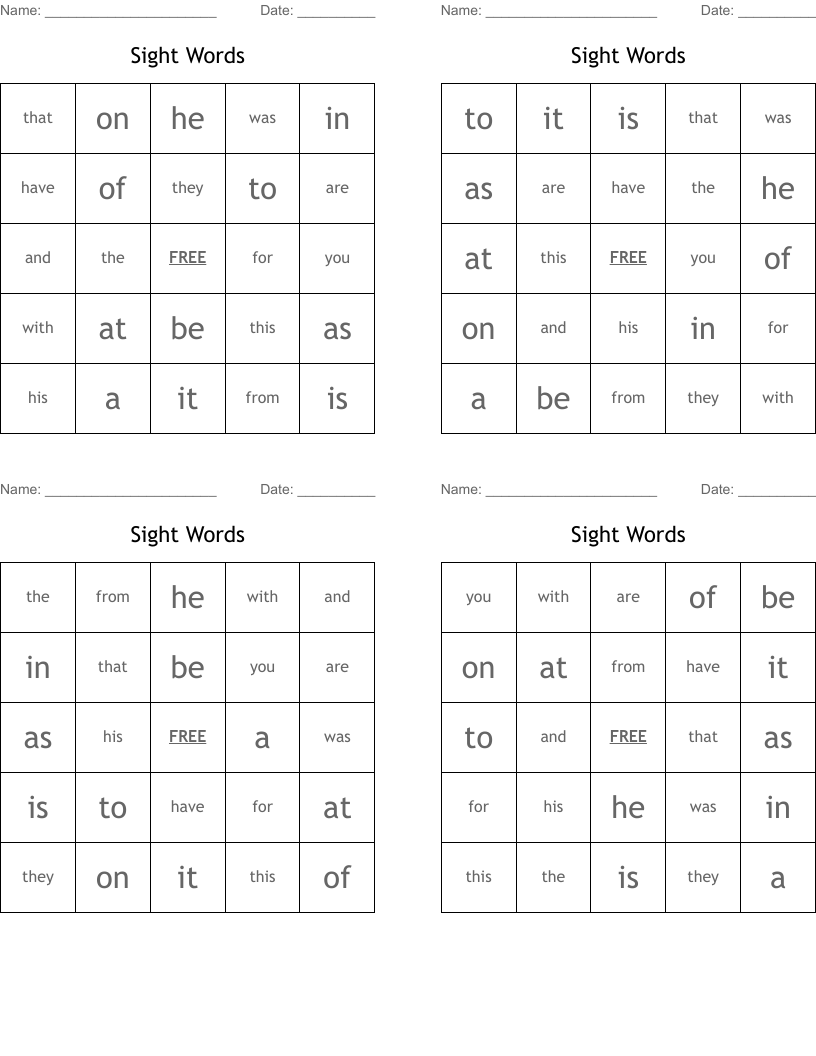 Sight Words  Bingo Cards