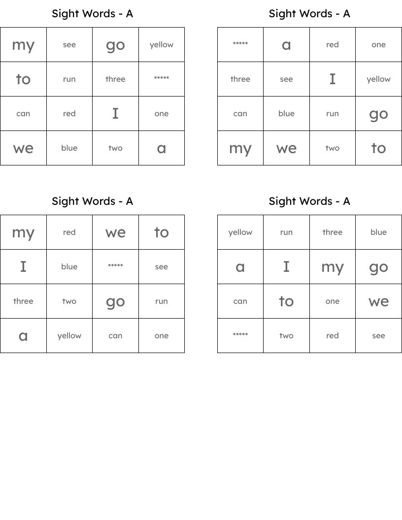 Sight Words - A Bingo Cards
