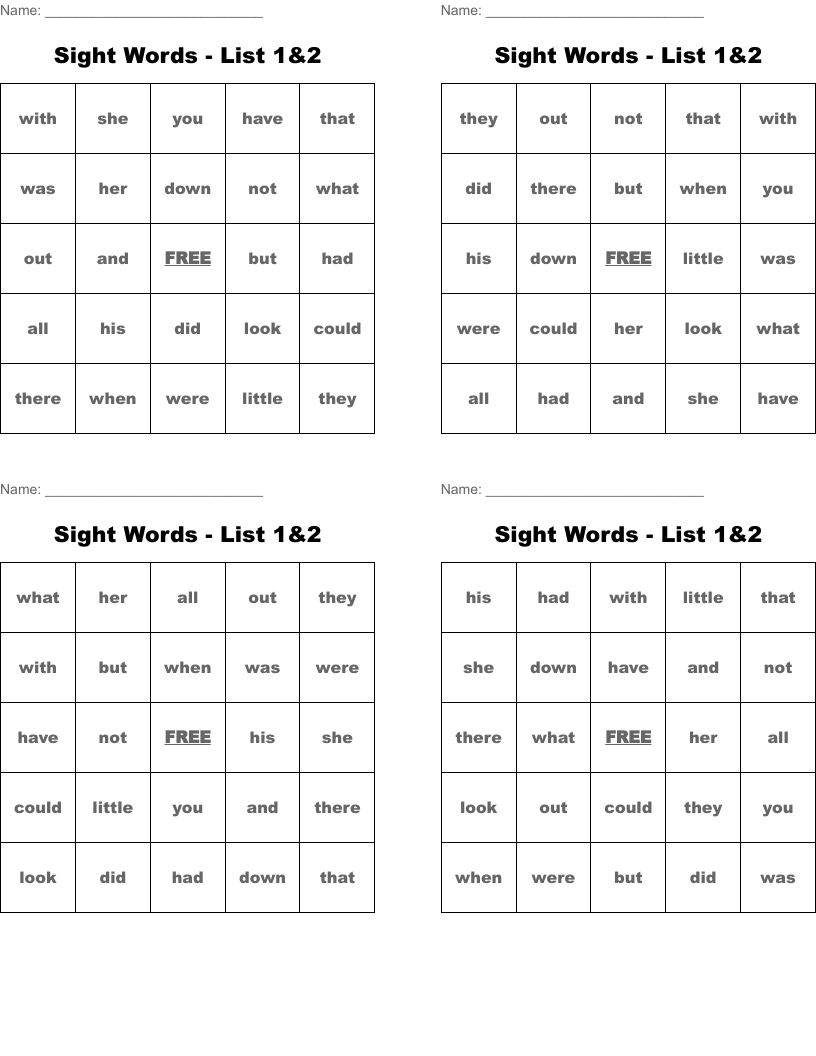 Sight Words - List 1&2 Bingo Cards