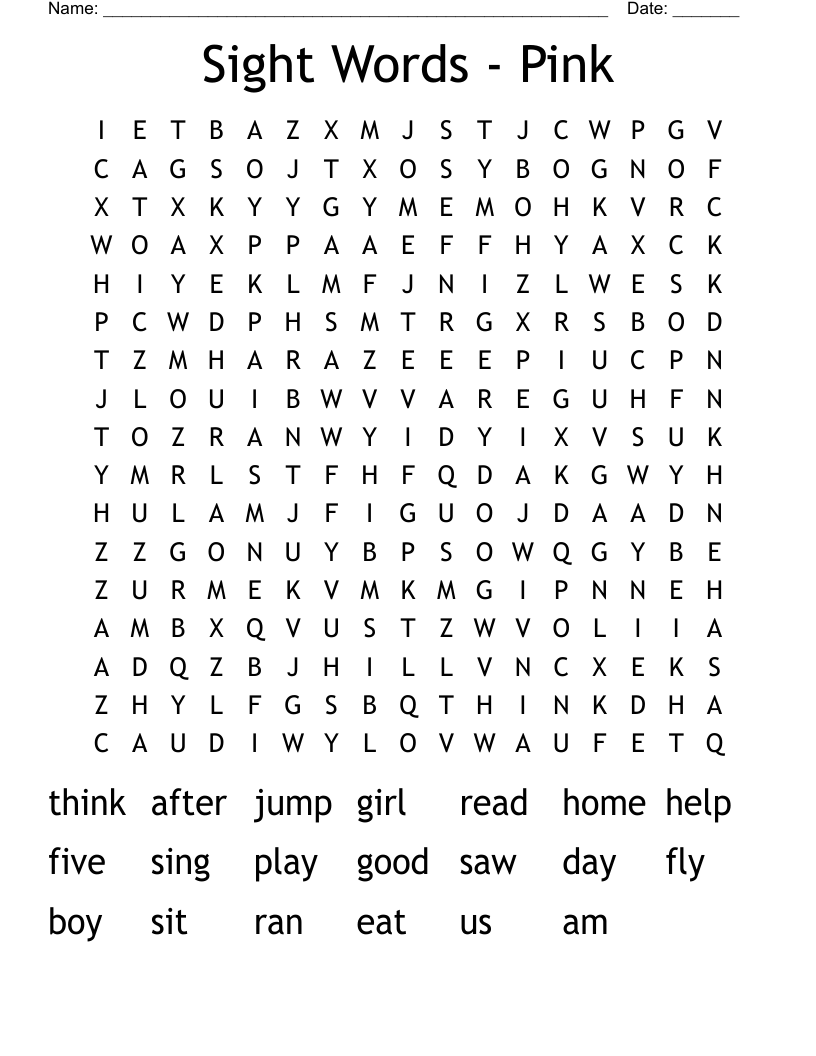 Sight Words - Pink Word Search
