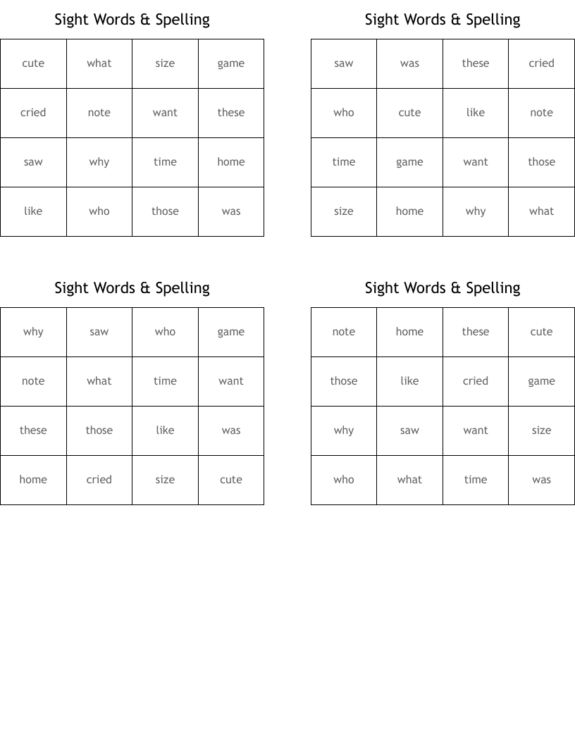 Sight Words & Spelling Bingo Cards
