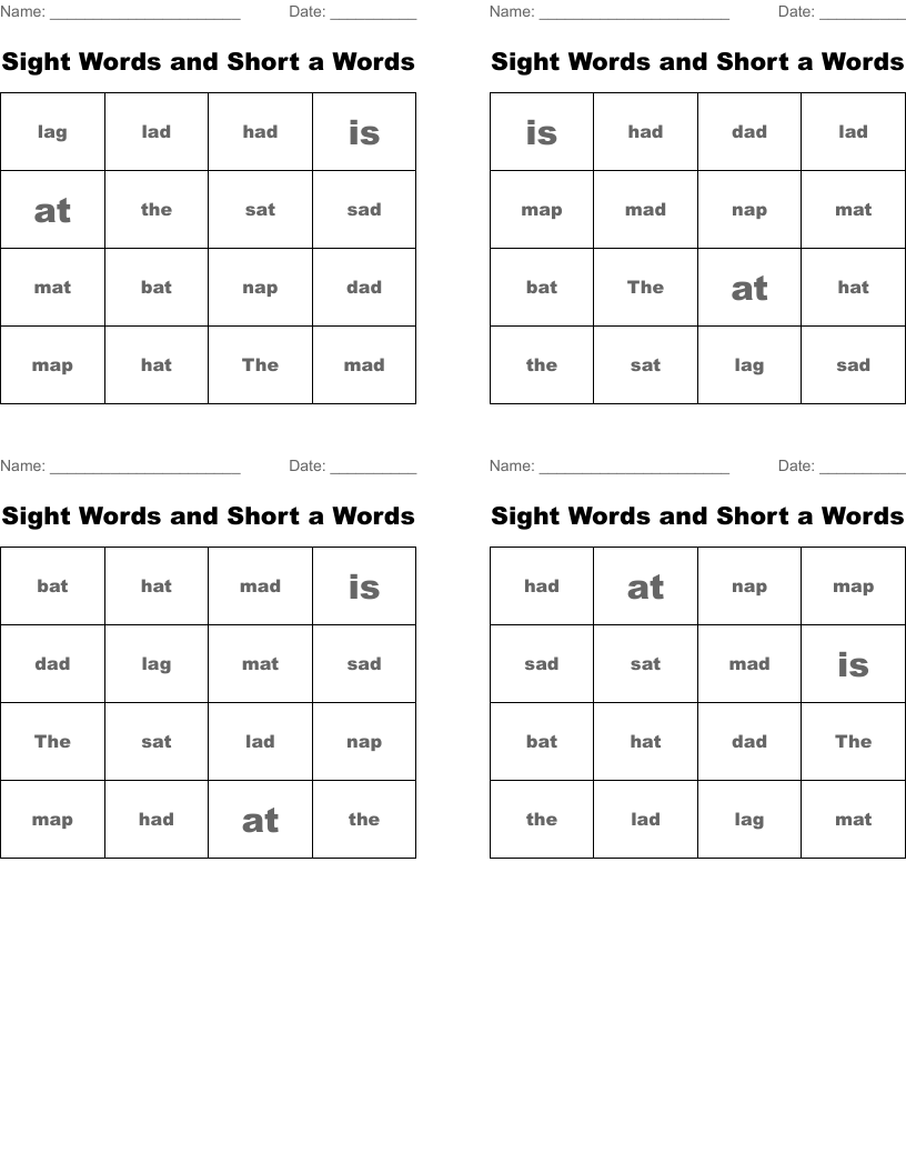 Sight Words and Short a Words Bingo Cards