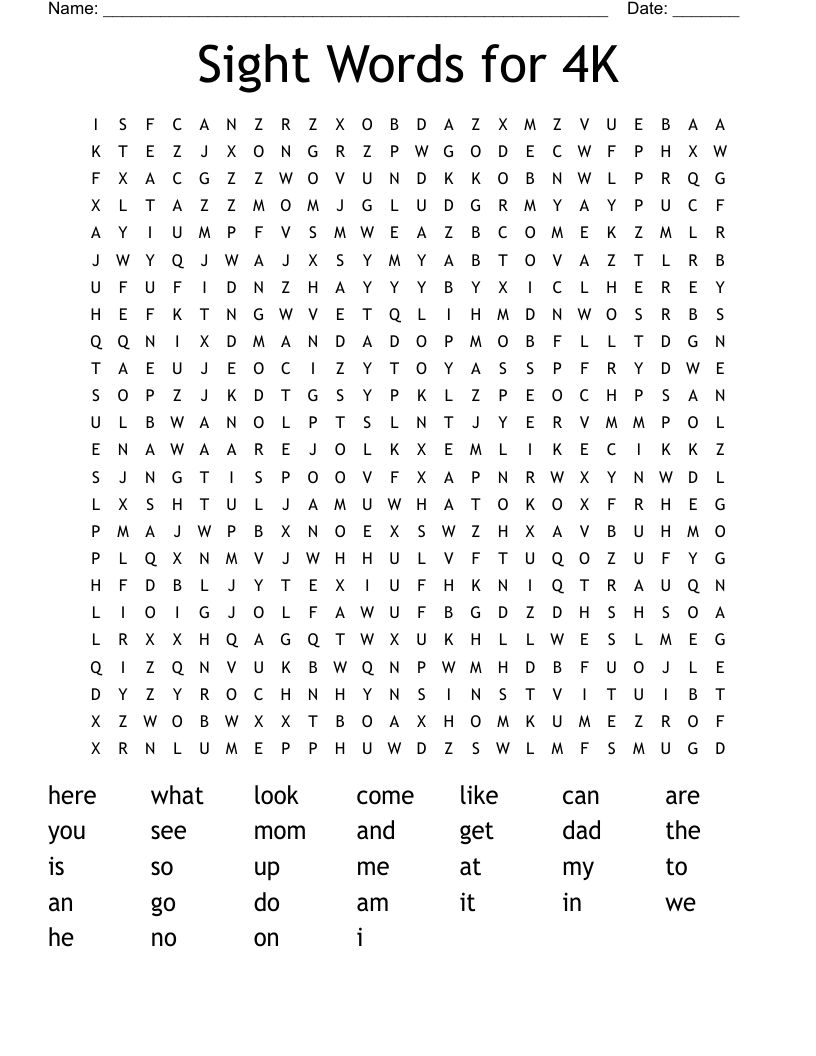 Sight Words for 4K Word Search