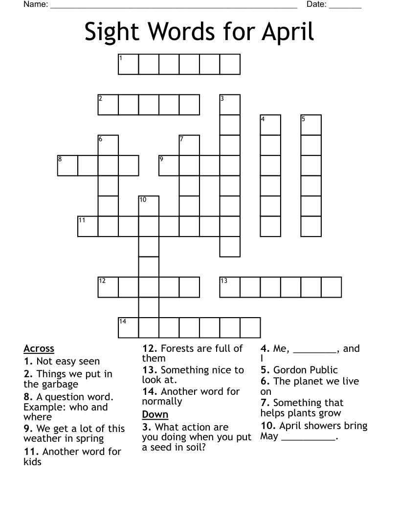 Sight Words for April Crossword