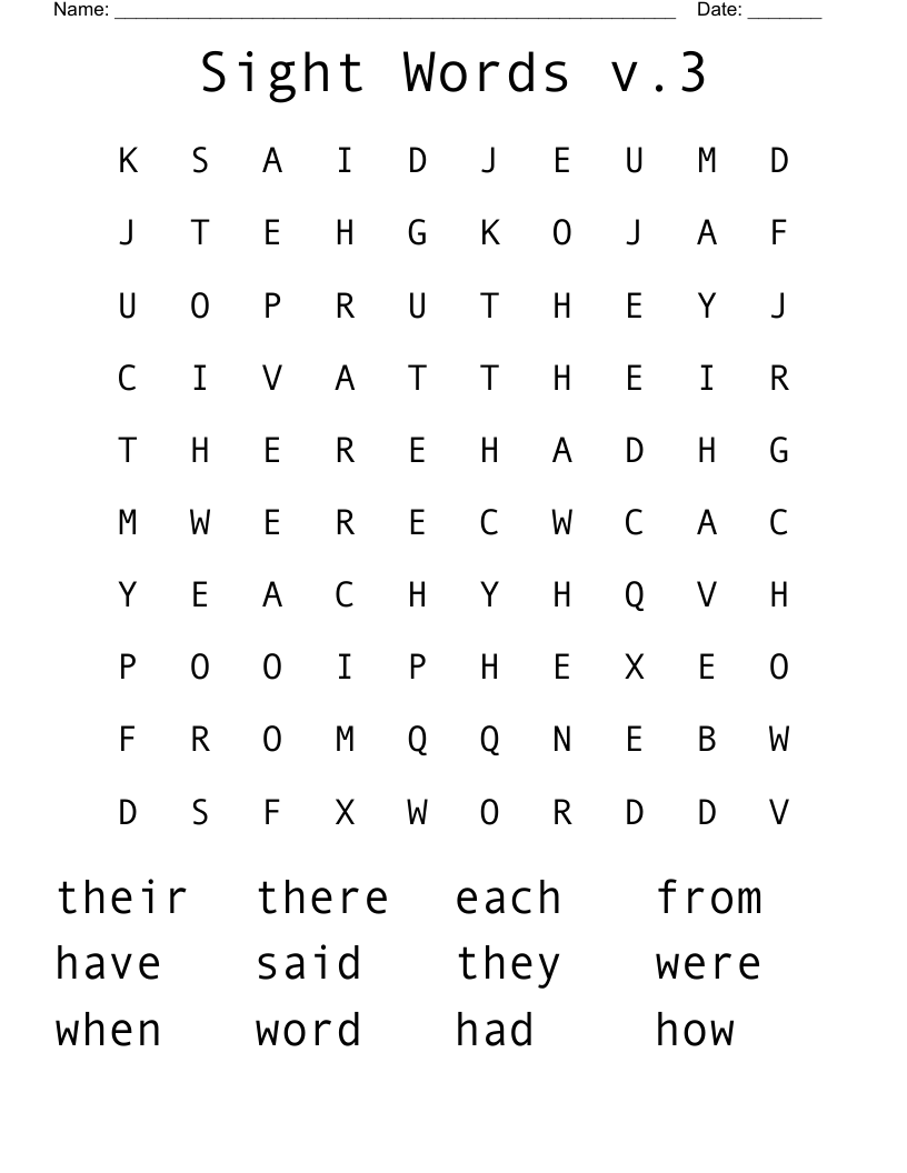 Sight Words v.3 Word Search