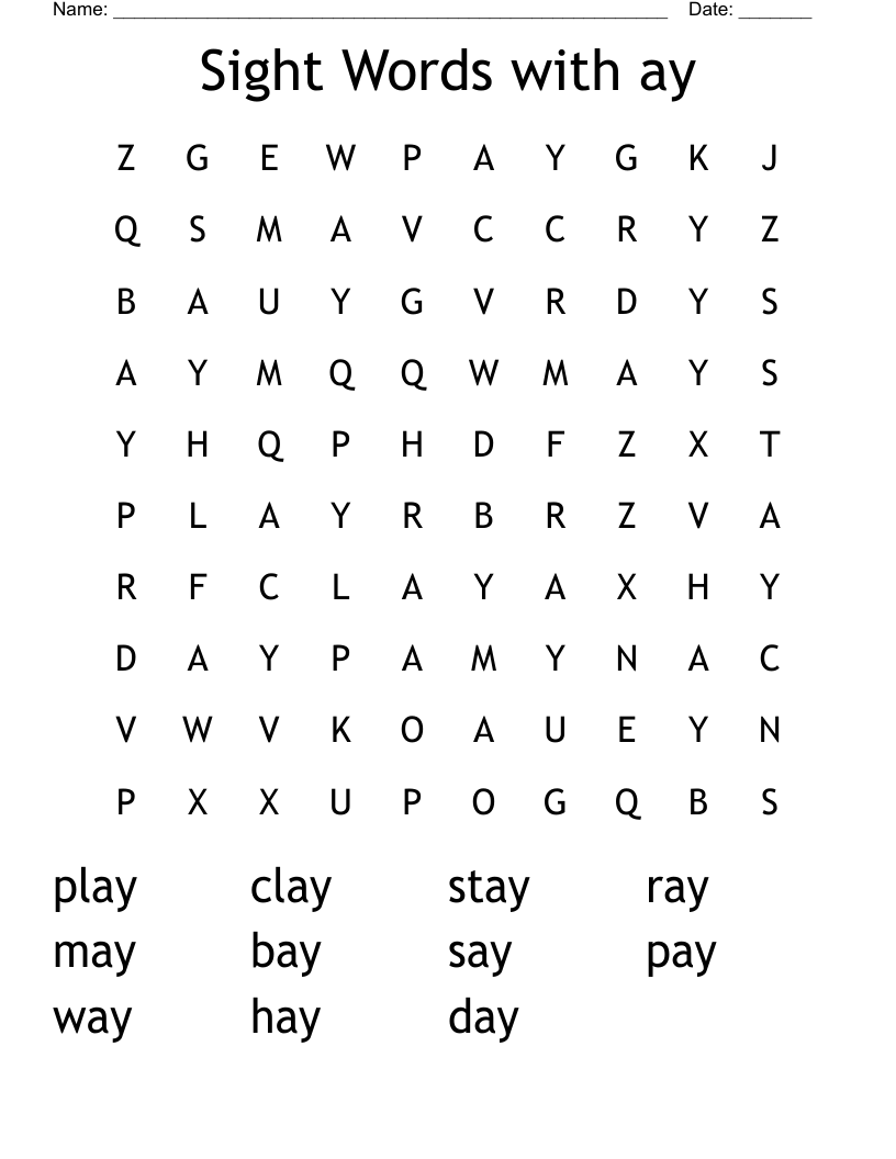 Sight Words with  ay Word Search