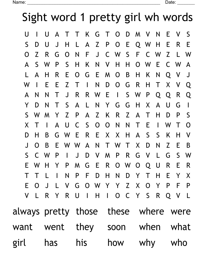 Sight word 1 pretty girl wh words Word Search