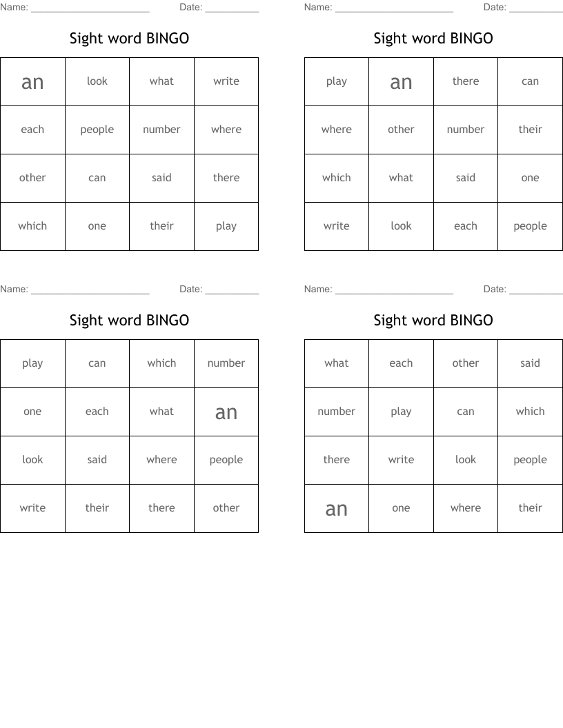 Sight word BINGO