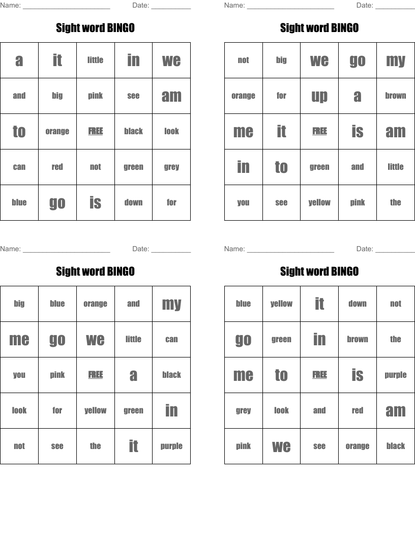 Sight word BINGO