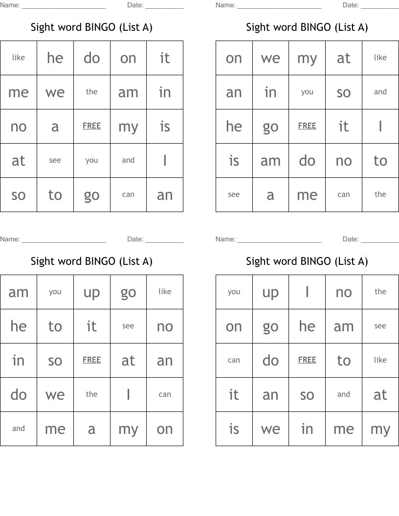 Sight word BINGO (List A)