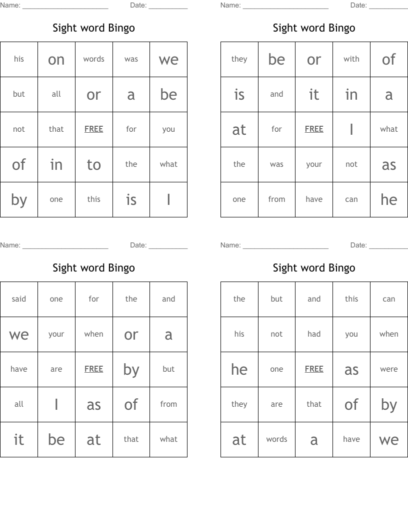 Sight word Bingo