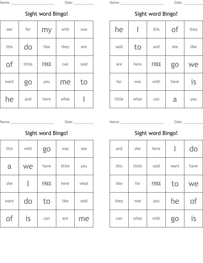 Sight word Bingo!