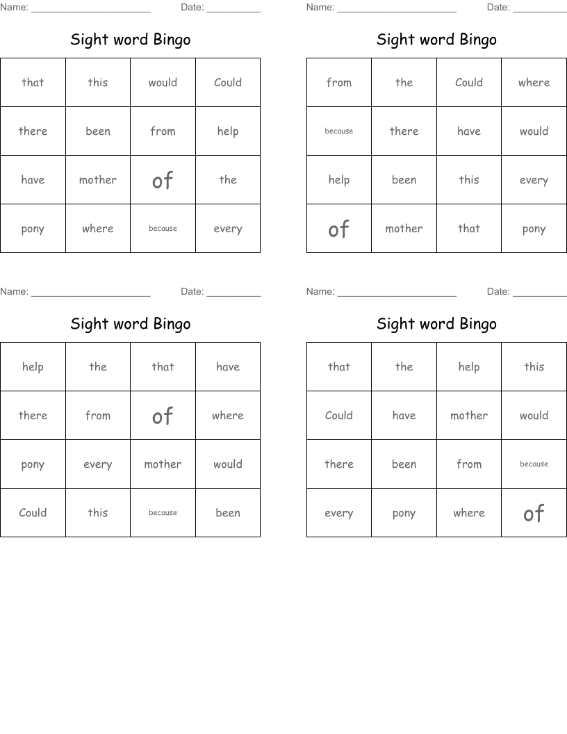 Sight word Bingo