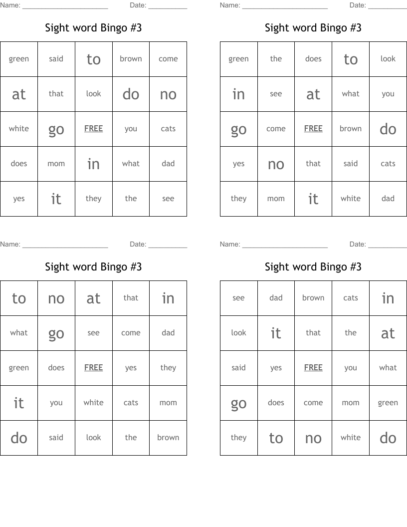 Sight word Bingo #3