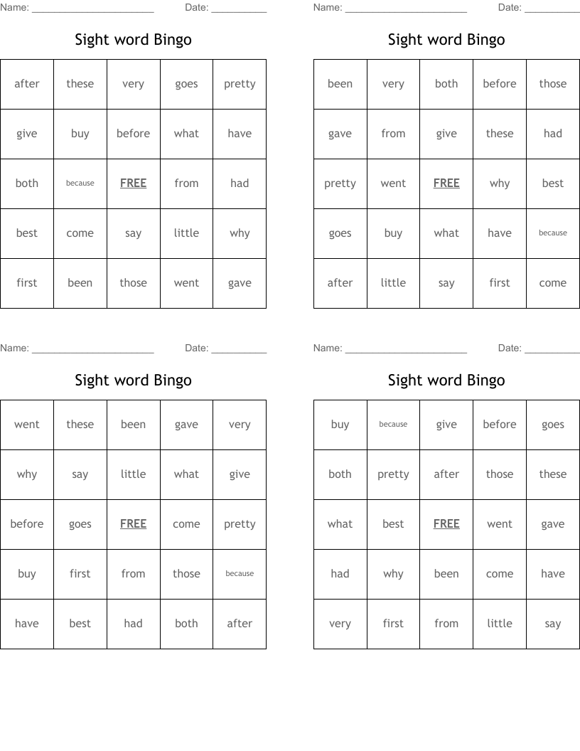Sight word Bingo