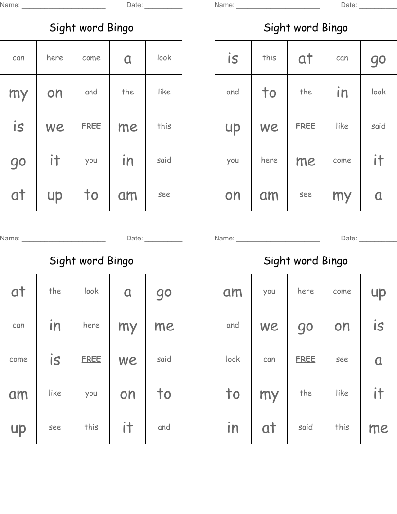 Sight word Bingo