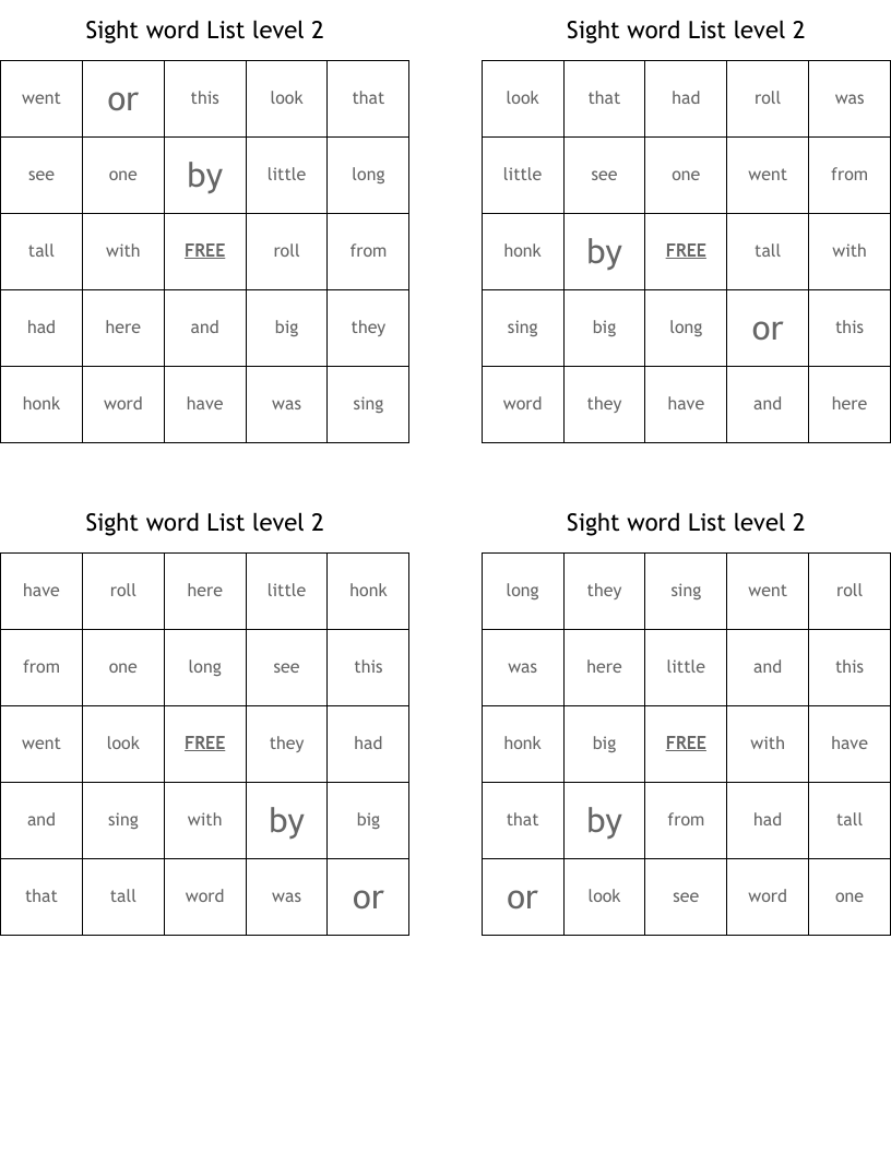 Sight word List level 2 Bingo Cards