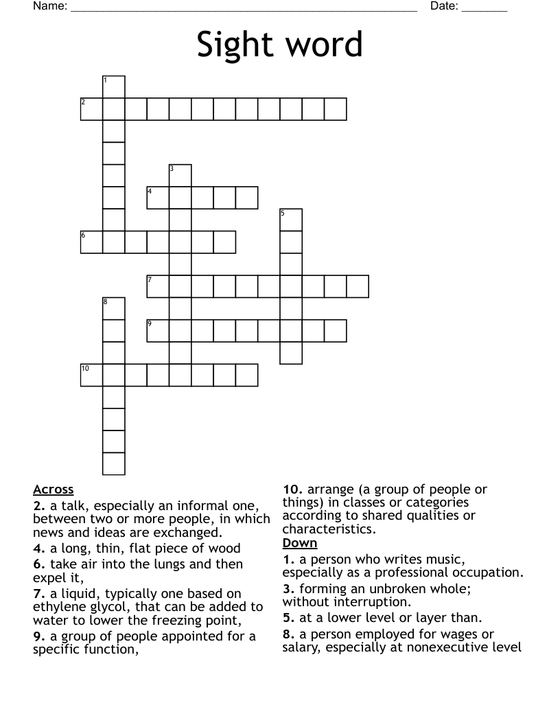 Sight word  Crossword