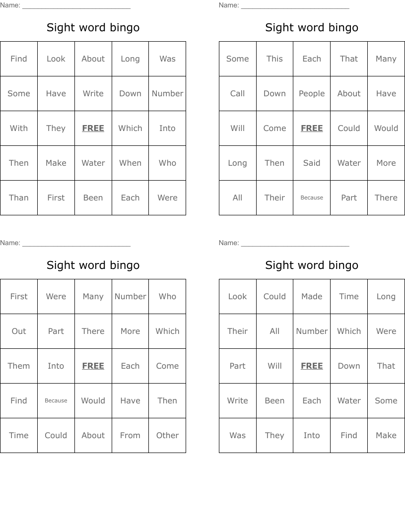 Sight word bingo
