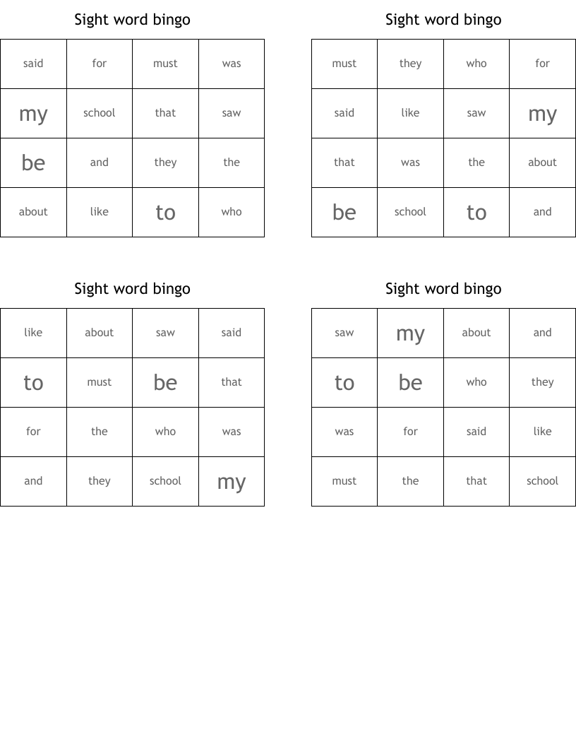 Sight word bingo