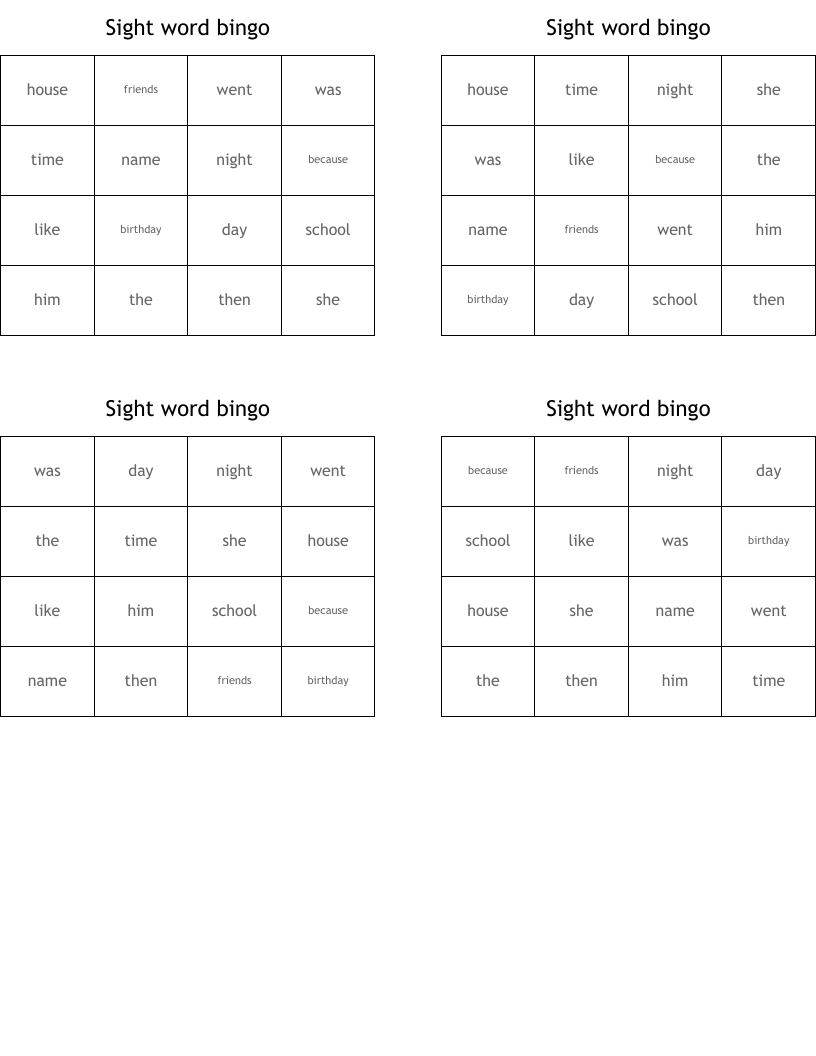 Sight word bingo