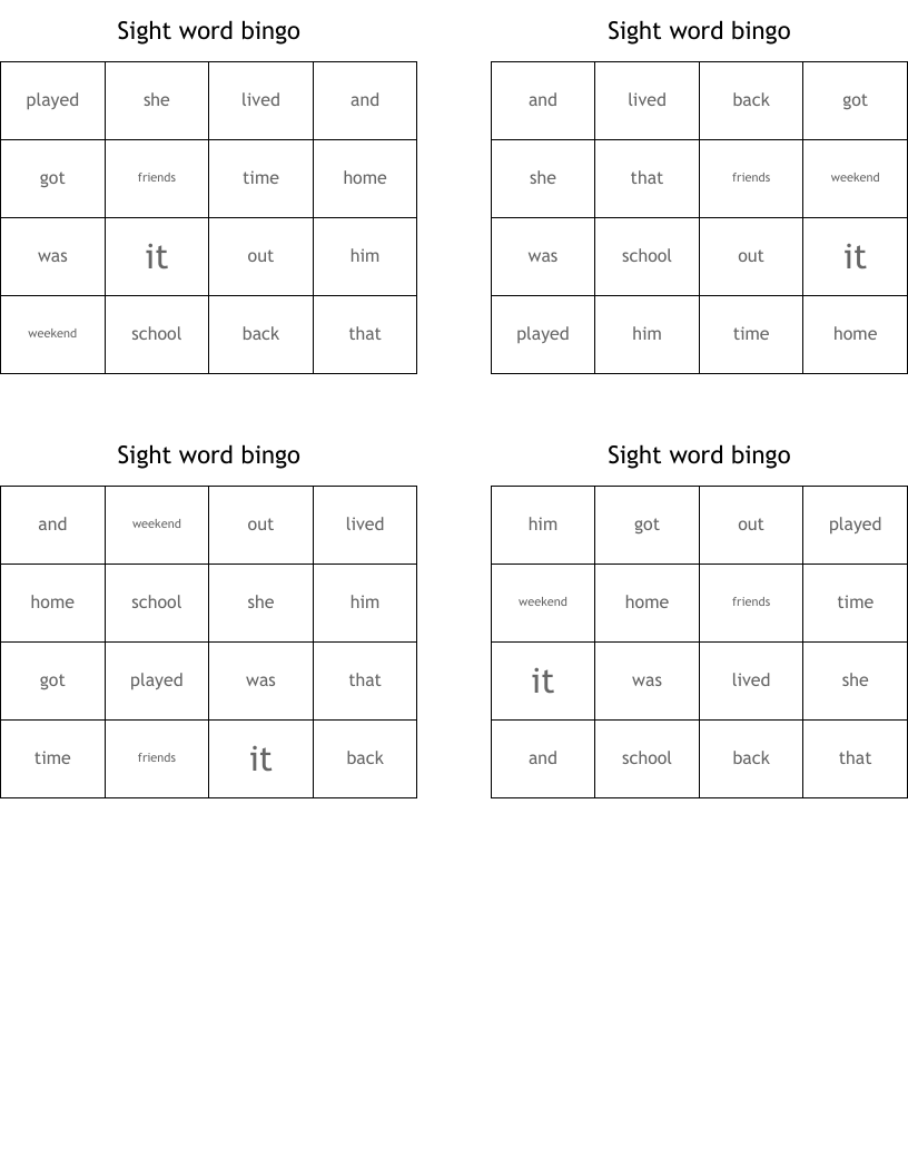 Sight word bingo