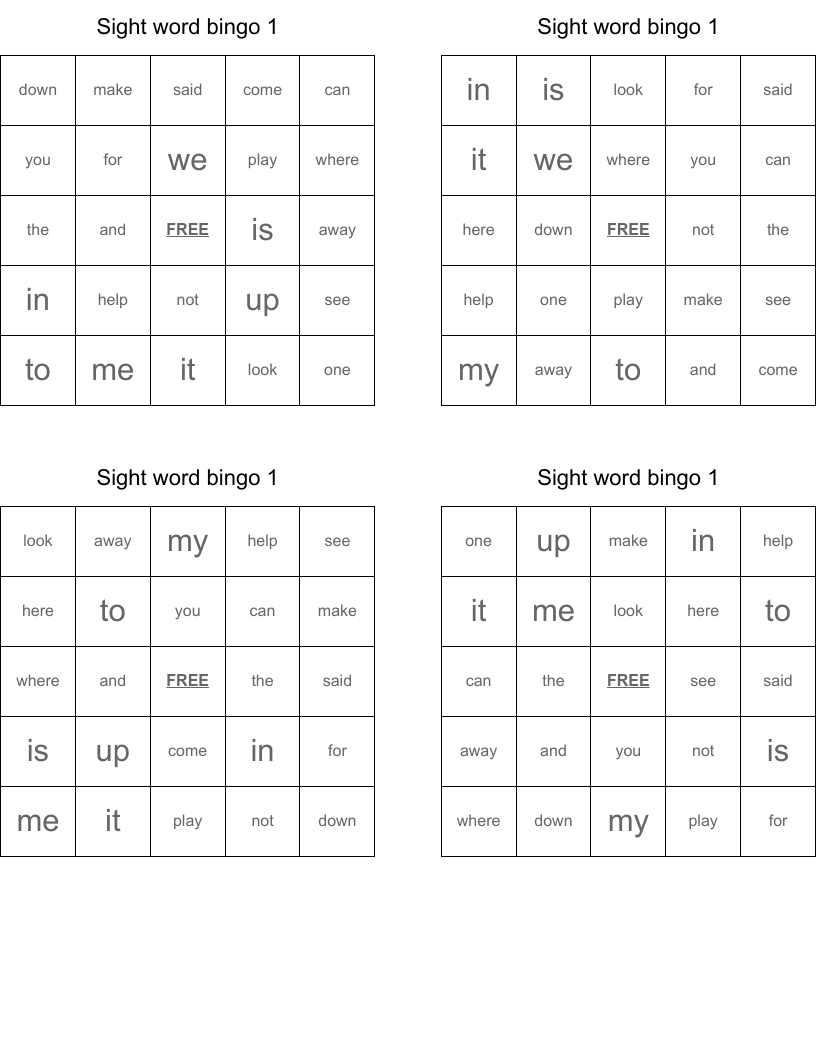 Sight word bingo 1