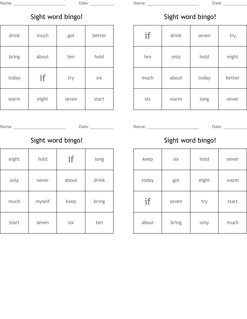 Sight word bingo!