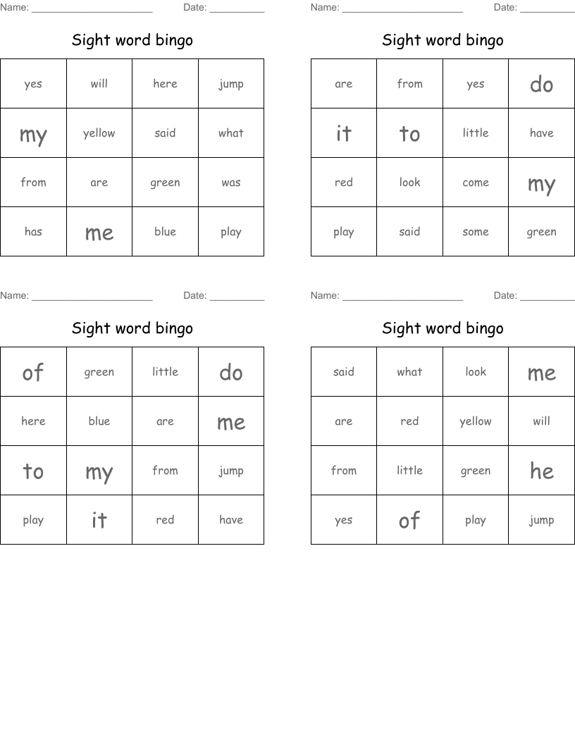 Sight word bingo